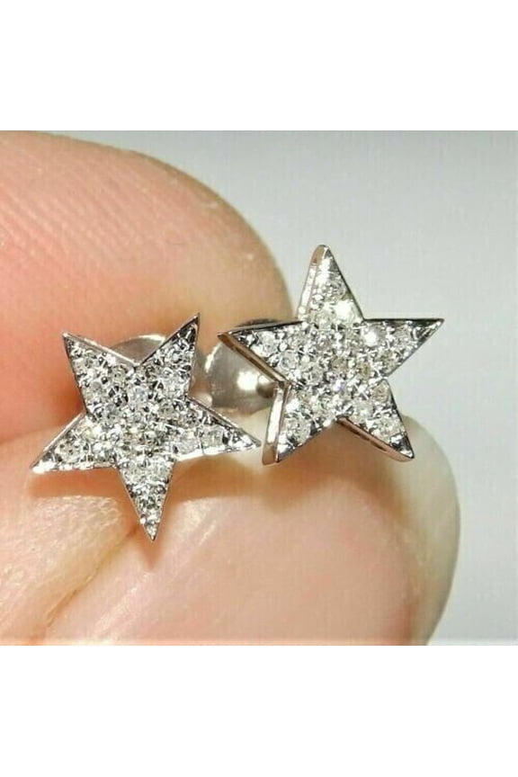White Round Cut Cubic Zirconia 14K White Gold Plated Star Stud Earrings