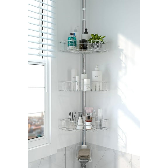 Silver Shower Caddy Corner Tension Pole, Stainless Steel AdjustableCorner Shower Caddy Stand for Bath Inside Shower Organizer Storage, Rust-Resistant, 54 to 125 Inch
