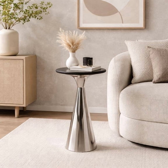 Silver Side Table with Black Marble Top | Decorative Modern End Table | Metal Base | Accent Table for Living Room | 12x12x25.5"
