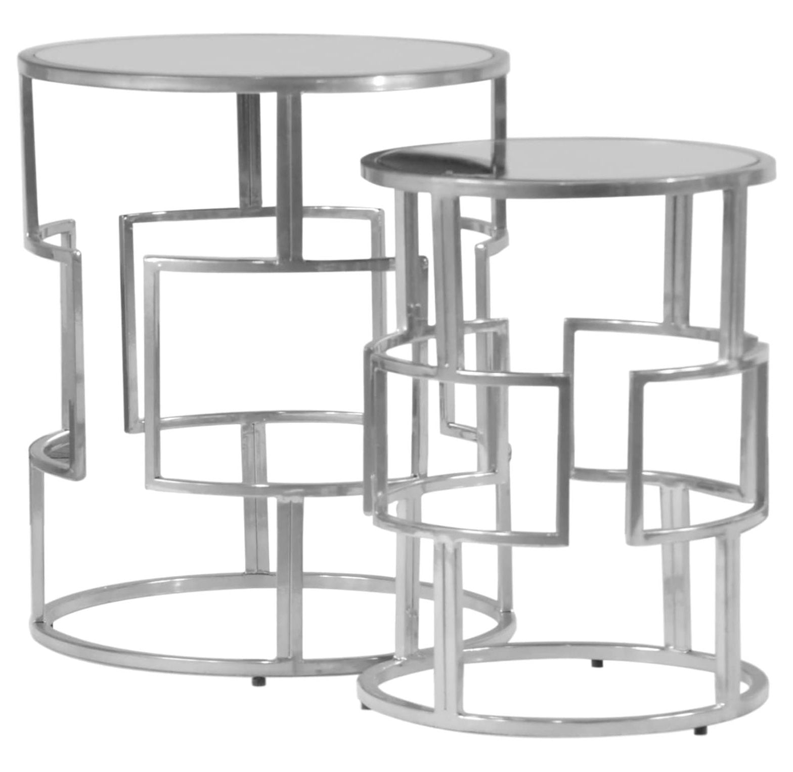 Silver Side Tables | Round Silver End Tables | Mirror Top Accent Tables | Chrome Nesting Tables [Set of 2]