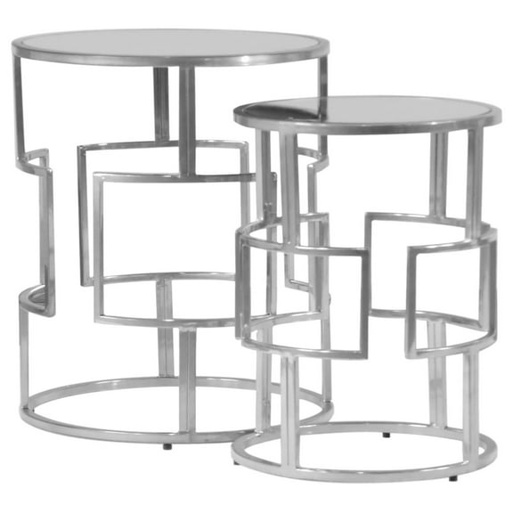 Silver Side Tables | Round Silver End Tables | Mirror Top Accent Tables | Chrome Nesting Tables [Set of 2]