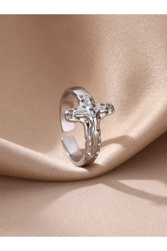 Silver Sideways Cross Open Ring with Jesus Christ Design Unisex Religious Band