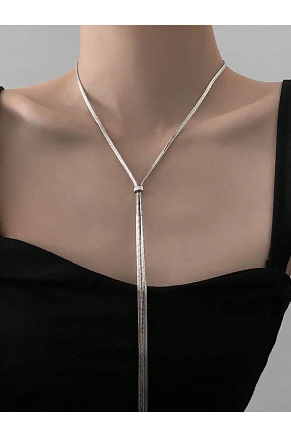 Silver Silvertone Stainless Steel Lariat Y-Necklace With Long Chain For Women