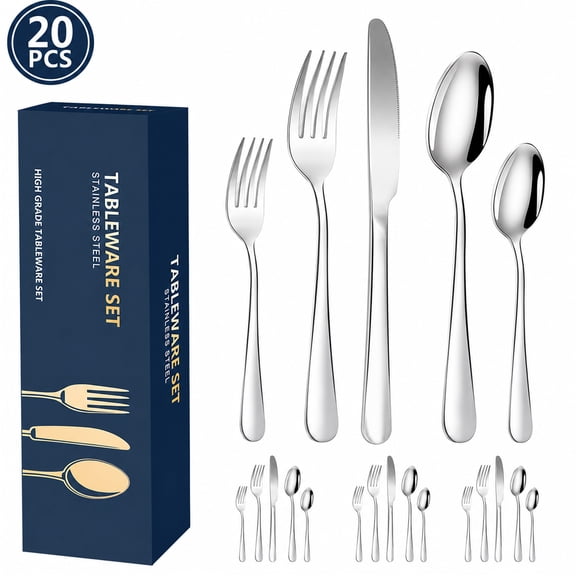 Silver Silverware Set 20 Pieces Stainless Steel Flatware Set, Kitchen Utensil Set Service for 4