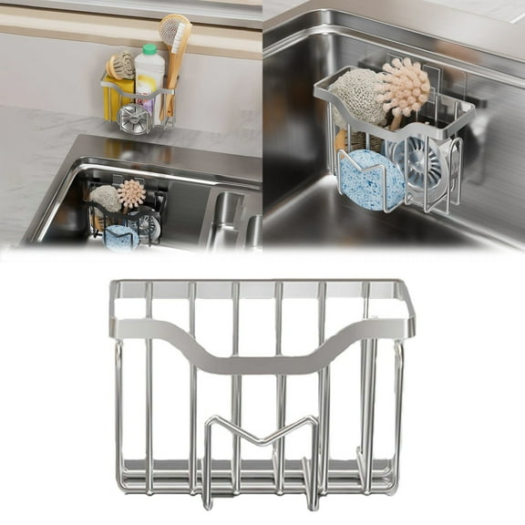 Silver Sink Drain Rack, By Relocy, Movable Kitchen Caddy Stainless Hanging Sponge Caddy Dish Sponge Brush Stopper Organizer Kitchen Sponge Holder Stainless Organizer For Cleaning Tools, 1 Sink Drain