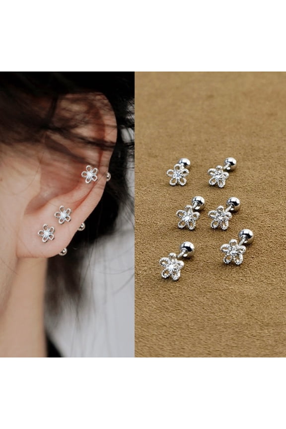 Silver Small Flower Stud Earrings, Women's Dainty Screw Back Stud Earrings, Gift