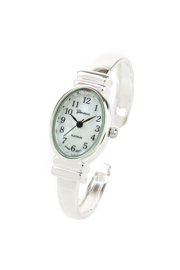 Silver Small Size Oval Face Metal Band Geneva Women's Bangle Cuff Watch