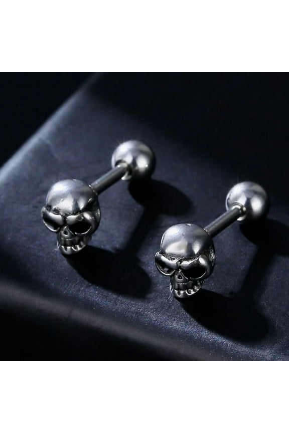 Silver Small Skull Stud Earrings, Men Unisex Stainless Steel Screw Back Stud Earrings