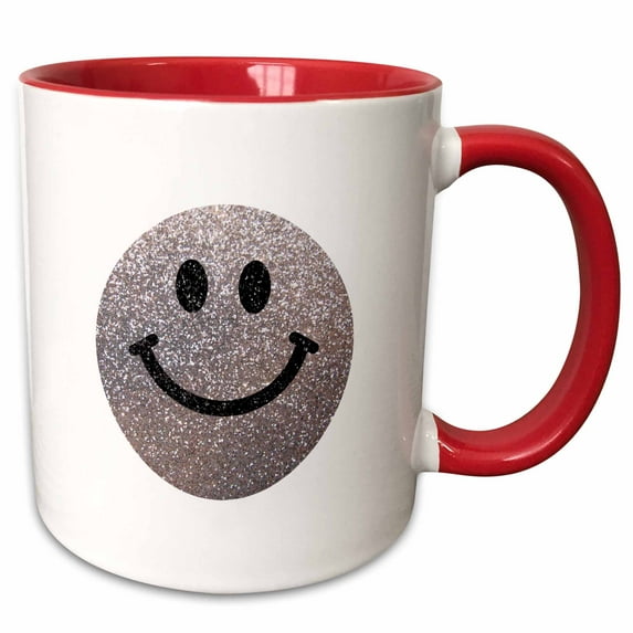 3drose, Silver Smiling Face Glitter Texture Graphic - Not Actually Sparkly or Glittery - Happy Bling on Whit, 11oz Two-tone Red Mug
