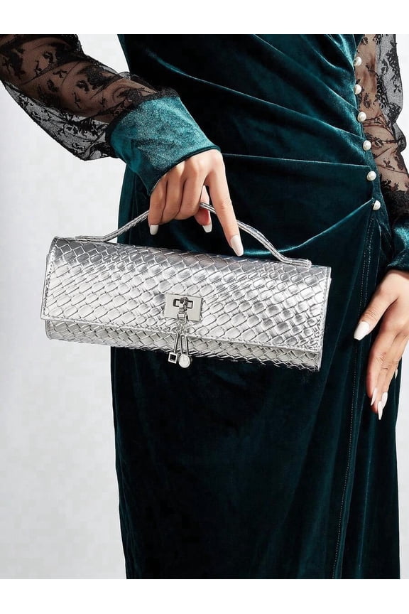 Silver Snake-Embossed Clutch Handbag With Metal Lock Clasp