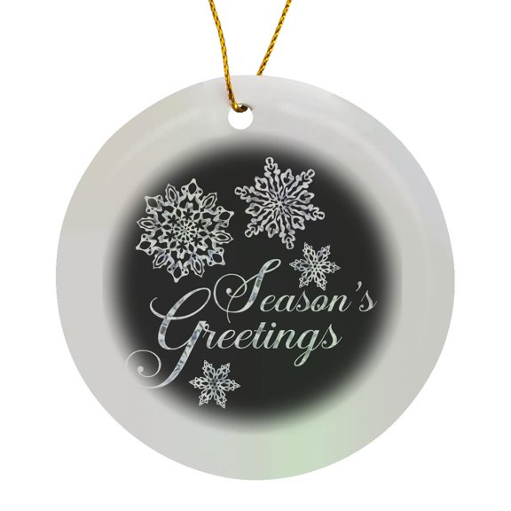 3drose, Silver Snow Crystal Ornaments on Black with Christmas Typography, Circle Porcelain Ornament