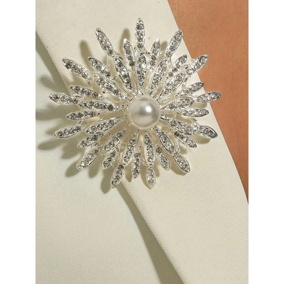 Silver Snowflake Brooch With White Pearl Center, Elegant Lapel Pin For Suit Or Scarf