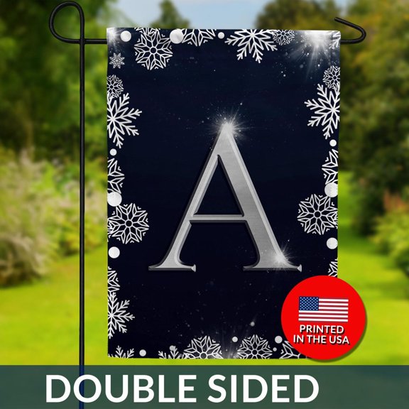 Silver Snowflake Monogram Flag Winter Initial Yard Decor
