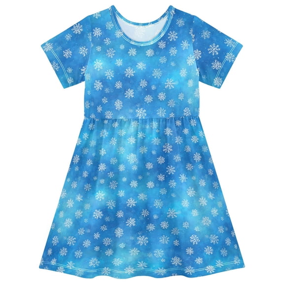 Silver Snowflake Pattern Short Sleeve Dress A-Line Cute Midi Casual Sundress 2-8 Years