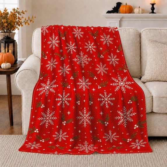 Silver Snowflakes with Green Dots on Red, Festive Holiday Style for Christmas Lovers, Classic Winter Flurry and Christmas Gift, Warm Flannel Blanket for Family Room and Cabin, Home Decor