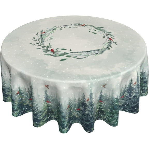 Silver Snowflakes Round Tablecloth 60Inch Christmas Winter Snow Table Cover with Xmas Tree Leaves Berry Table Cloth Heat Resistance Polyester Fabric for Kitchen Dining Camping Party Decor