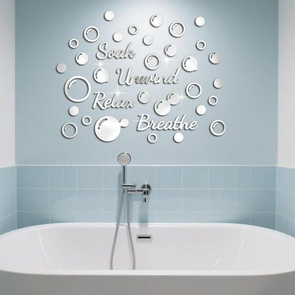 Silver Soak Bubbles Sign Acrylic Mirror Wall Stickers 24.8x19.3inch for Bathroom Breathe Unwind Words Self-Adhesive Wall Decor Decals for Bedroom Bathroom Decoration Silver