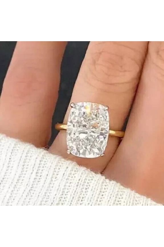 Silver Solitaire Ring 4Ct Cushion Cut Lab-Created Diamond Women's Engagement Ring 14K Yellow Gold Plated