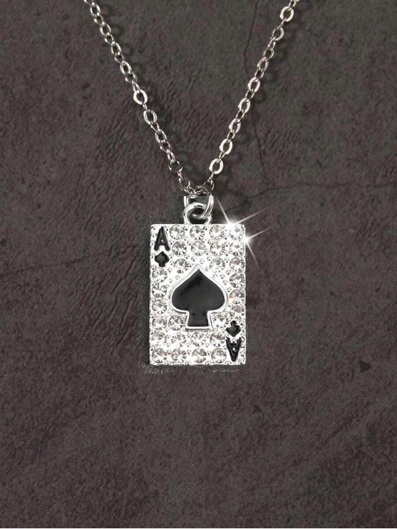 Silver Spade Ace Card Pendant Necklace with Clear Stones