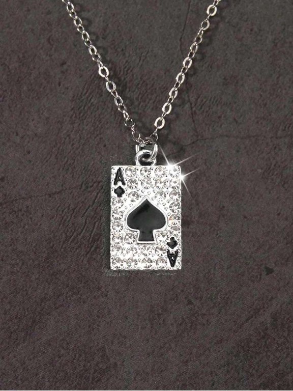 Silver Spade Ace Card Pendant Necklace with Rhinestone Detail