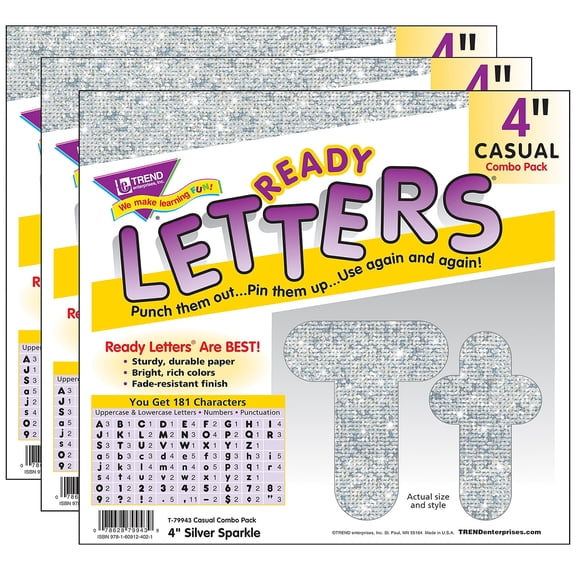 Silver Sparkle 4" Casual Combo Ready Letters, 3 Packs