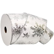 Silver Sparkle Snowflake on Solid White 2.5 inches Wide Wired Ribbon 33 Yards
