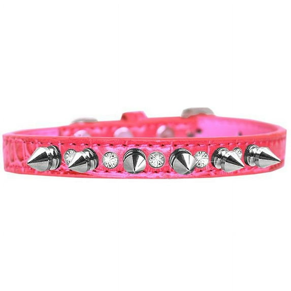 Silver Spike & Clear Jewel Croc Dog Collar, Bright Pink - Size 14