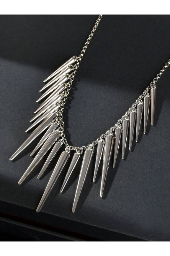 Silver Spike Statement Collar Necklace With Chain Fringe For Night Out Party Jewelry