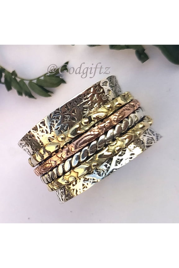 Silver Spinning Ring - Worry Ring - Thumb Ring - Four Band Ring -New Texture Spinner Ring - Anxiety Ring - Meditation Ring - Valentine Gift