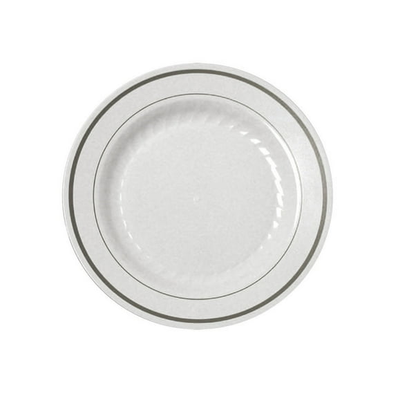Party Source 7" Splendor White w/ Silver Border Salad Plastic Party Plates Case of 150