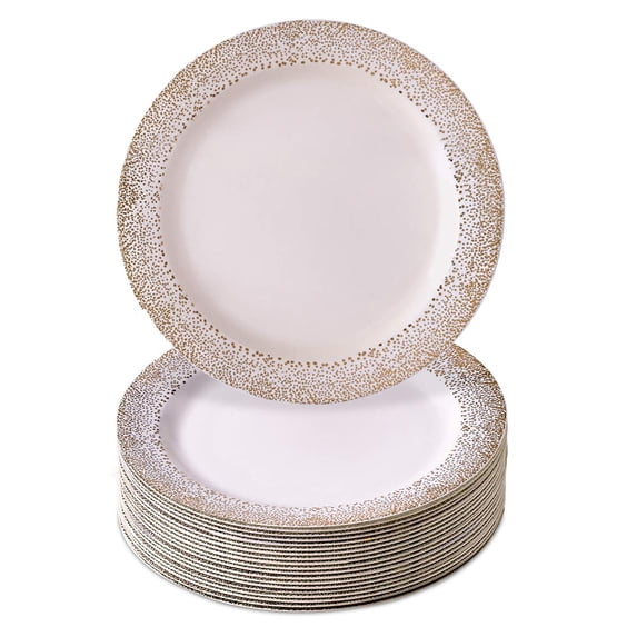 Silver Spoons Disposable Plates For Party AFN1- (20 Heavy Duty Disposable Dinner Set 7.5” , Fine Dining Plastic Dishes For Elegant China Look, Great for Upscaled Wedding, Dining & Servings, Gold