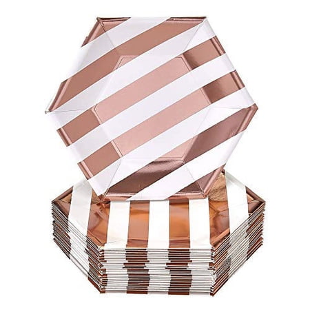 Silver Spoons Disposable Side Plates 24 pc Made of Heavyweight Paper Materials Stripe-Rose Gold 7.5" Side Plates Rose Gold
