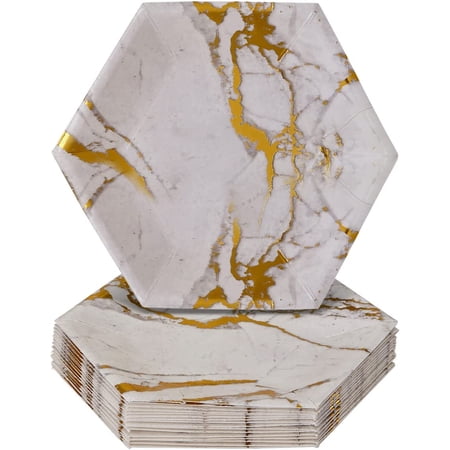 Silver Spoons GOLD MARBLE DESIGN PAPER PLATES | Hexagon Side Plates | Marble Collection | 18 PC | 7.5"