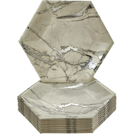 Silver Spoons SILVER MARBLE DESIGN PAPER PLATES | Hexagon Side Plates | Marble Collection | 18 PC | 7.5"