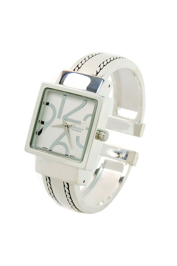 Silver Square Dial with Oversized Hours, Stitch Style Bangle Cuff Watch for Women