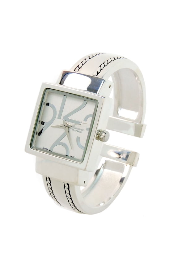 Silver Square Dial with Oversized Hours, Stitch Style Bangle Cuff Watch for Women