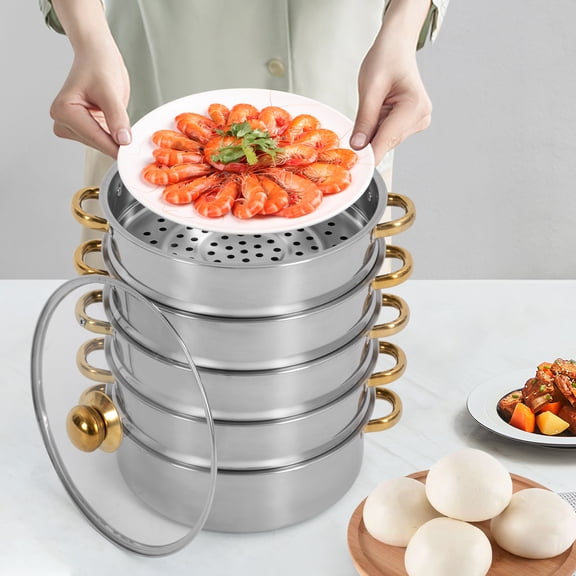 Silver Stainless Steel 30cm 5-Layer Steamer With Large Capacity 2.38gal Multifunctional Steamer With Golden Handle