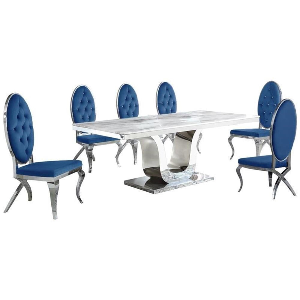 Silver Stainless Steel 7 Piece Dining Set with Marble Table and Blue Velvet Chairs