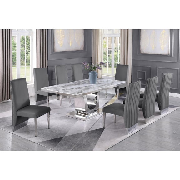 Silver Stainless Steel 9 Piece Dining Set with Marble Table and Gray Chairs