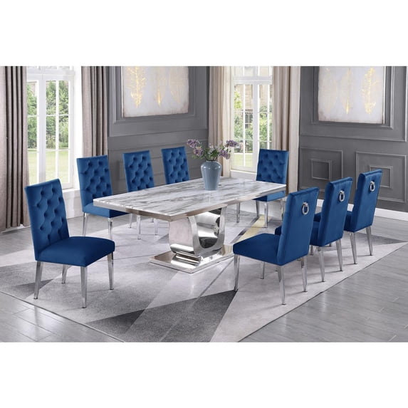 Silver Stainless Steel 9 Piece Dining Set with Marble Table and Navy Chairs