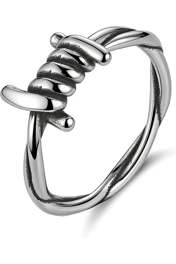 Silver Stainless Steel Barbed Wire Wrap Ring for Men Women, Hypoallergenic Non-Tarnish Adjustable Industrial Punk Ring for Daily Wear & Gift Size 7-12
