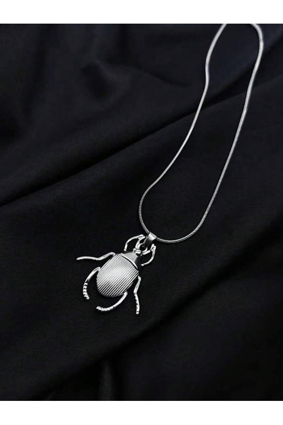 Silver Stainless Steel Beetle Pendant Necklace, Unique Insect Design Jewelry For Adults