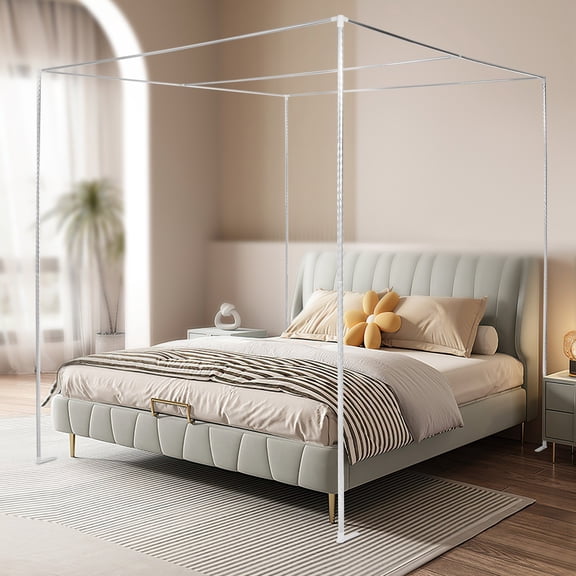 Silver Stainless Steel Canopy Bed Frame, 6.566.566.56Ft Spiral Embossing Stable Support Frame
