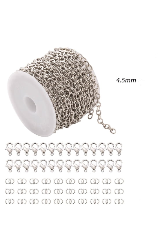 Silver Stainless Steel Chains Bulk 16.4ft Unfinished Link Cable Chain Roll for DIY Jewelry Bracelet Necklace Making with 30 Lobster Clasps 60 Jump Rings, 4.5mm Thickness