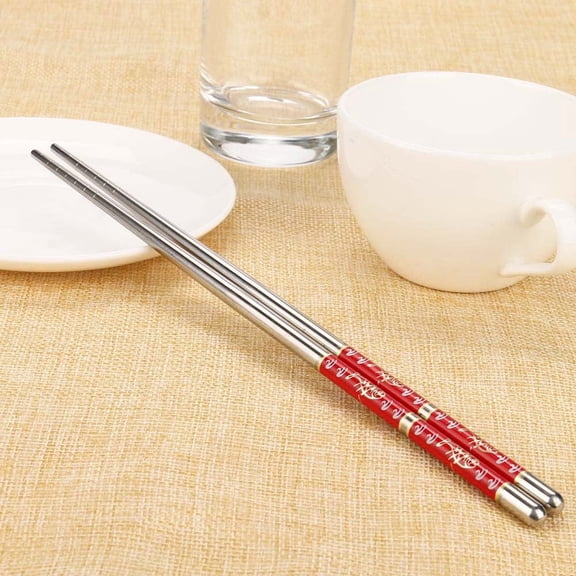 Silver Stainless Steel Chopsticks with Red Fish Pattern, One Pair, Durable & Reusable for Asian Dining (1 pair)