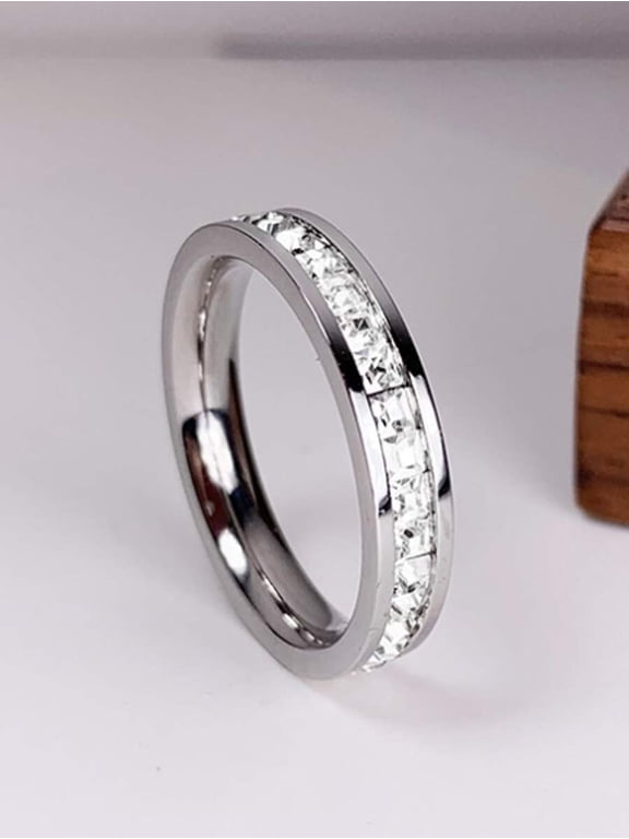 Silver Stainless Steel Cubic Zirconia Channel Set Ring For Daily Wear, Wedding, Party