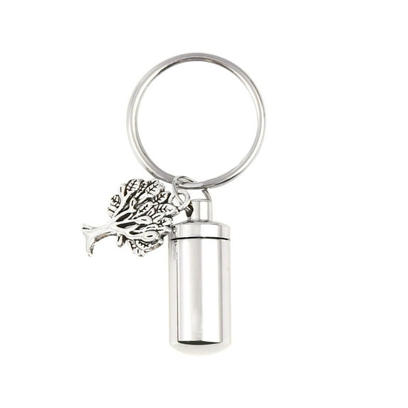 Silver Stainless Steel Cylinder Tree of Life Charm Cremation Urn Ashes Holder Container Pendant Memorial Keychain Keepsake Jewelry Key Ring with Free Funnel Kit and Velvet Jewelry Box