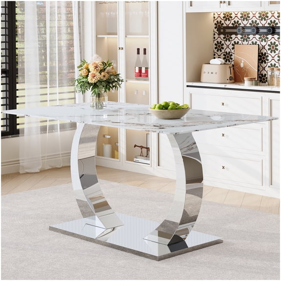 Silver Stainless Steel Dining Table with Tempered Glass Top, Pandora White Pattern, 63" Farmhouse Modern Kitchen Table