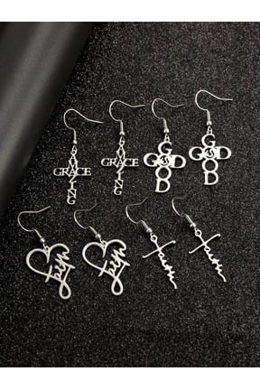Silver Stainless Steel Faith Grace God Cross Earring Set 8pcs