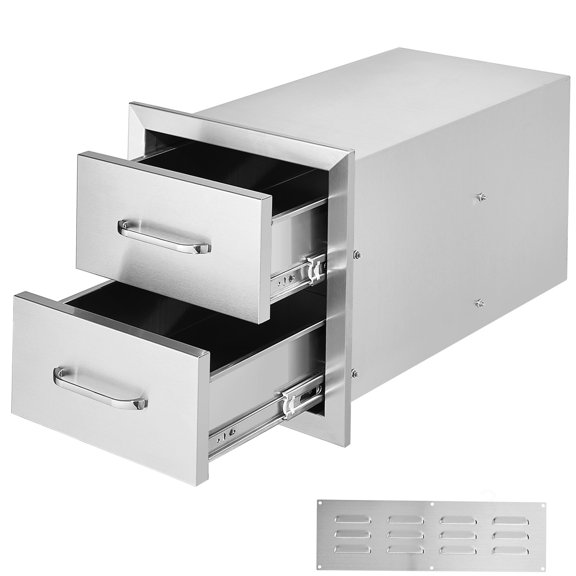 Silver Stainless Steel Flush Fit Double Storage Drawer Unit for Backyard Grill Stations and Outdoor Cooking Spaces